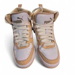 Puma High Top Sneakers Kids White Peach Beige Leather Lace Up Shoes‎ Size 6